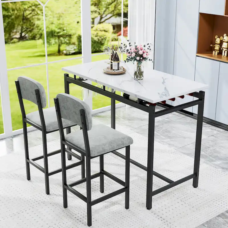 Kitchen Dining Table Chair Set, 3 Piece Counter Height Table Set with Storage Shelves and 2 Upholstered Chairs