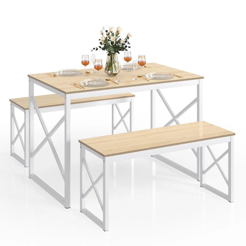 44.3 Dining Table with Benches Kitchen Table set for 4 Rectangular Dining Room Table Set with 2 Metal Wood Benches