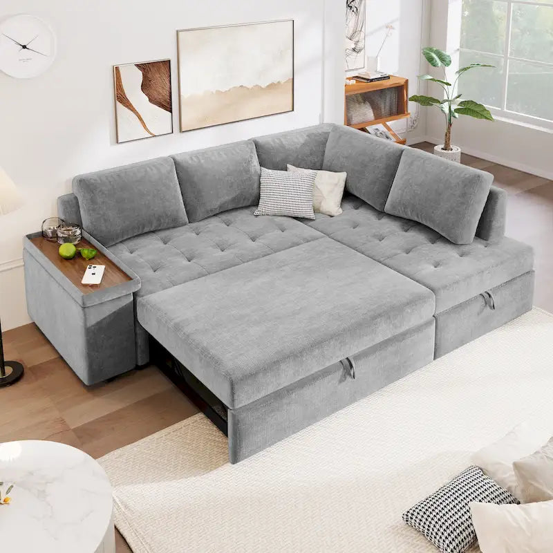91.5 L-Shaped 4-Seat Sleeper Sofa with Pull-Out Bed and Storage