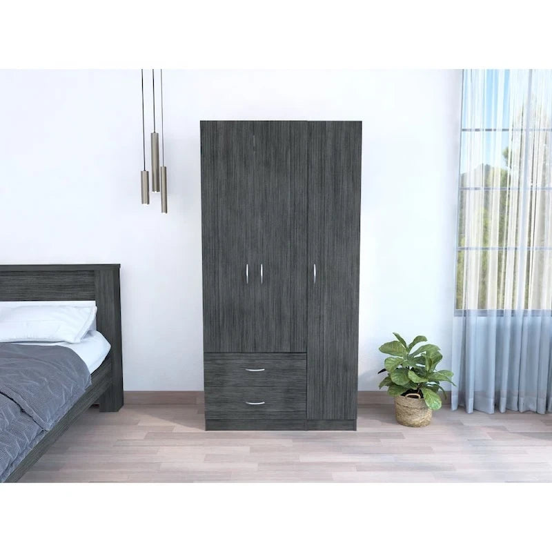 FM Furniture Eureka 3 Door Armoire with 2 Drawers, Inner Shelves, and Rod