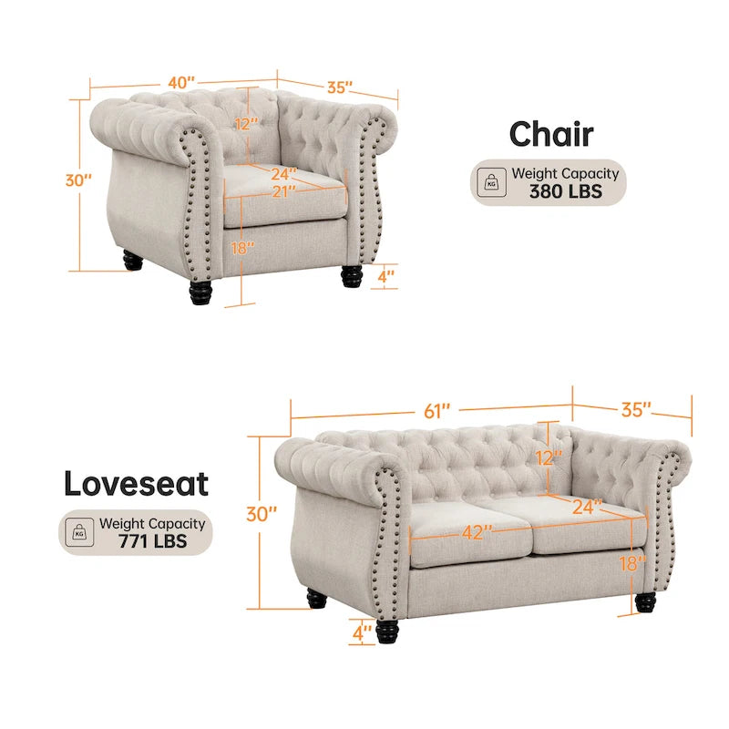 Morden Fort Chair, Loveseat 2-pcs Set Tufted Upholstered Chesterfield Furniture Set