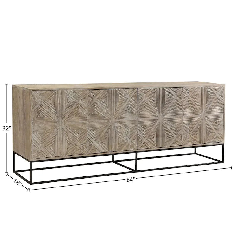 Zion 84 Mango Wood Carved 4-Door Sideboard with Iron Base