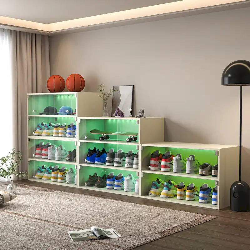Glass Door Shoe Box Shoe Storage Cabinet For Sneakers With RGB Led Light