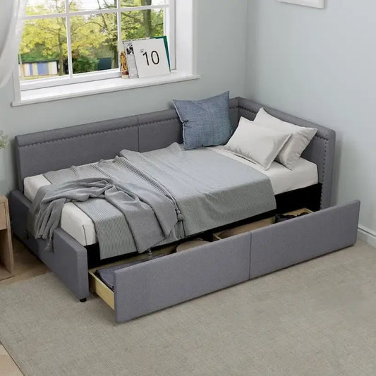 Modern Twin Size L Shape Corner Upholstered Daybed with Two Storage Drawers