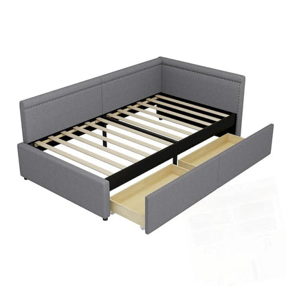 Modern Twin Size L Shape Corner Upholstered Daybed with Two Storage Drawers
