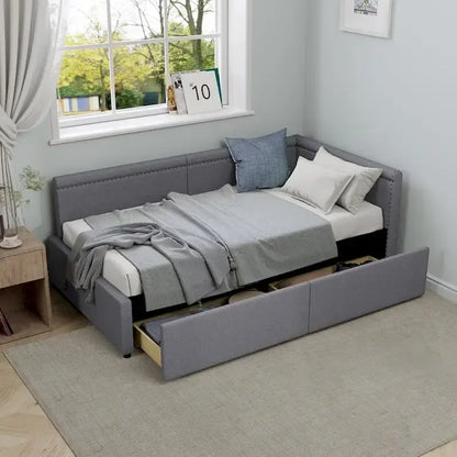Modern Twin Size L Shape Corner Upholstered Daybed with Two Storage Drawers