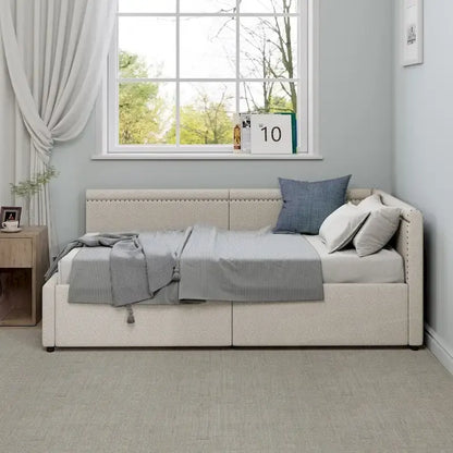 Modern Twin Size L Shape Corner Upholstered Daybed with Two Storage Drawers