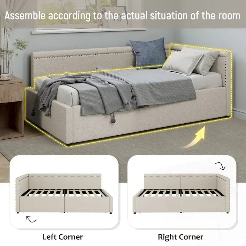 Modern Twin Size L Shape Corner Upholstered Daybed with Two Storage Drawers