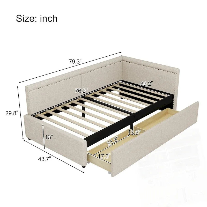 Modern Twin Size L Shape Corner Upholstered Daybed with Two Storage Drawers