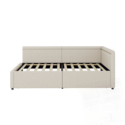 Modern Twin Size L Shape Corner Upholstered Daybed with Two Storage Drawers