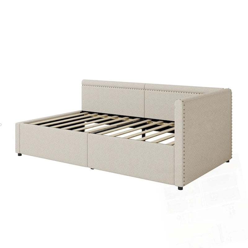 Modern Twin Size L Shape Corner Upholstered Daybed with Two Storage Drawers