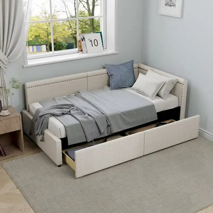 Modern Twin Size L Shape Corner Upholstered Daybed with Two Storage Drawers