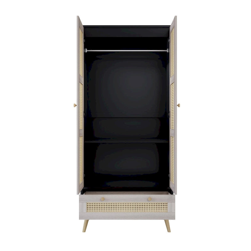 Roomfitters 2 Door Rattan Armoire, Tall Wooden Wardrobe Closet, Hanging Rod, Boho Style Storage Cabinet, Natural+Black