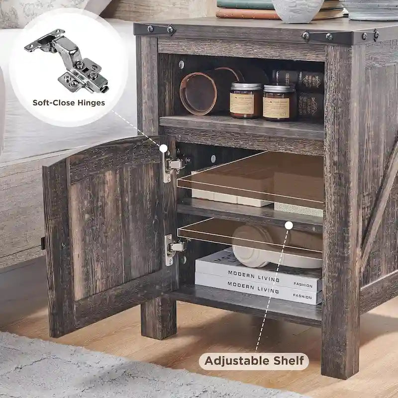 Farmhouse Nightstand with Charging Station, Wood End Table, Side Table