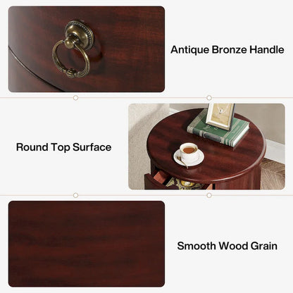 No Assembly Round Solid Wood End Table, Small Side Table with Drawers