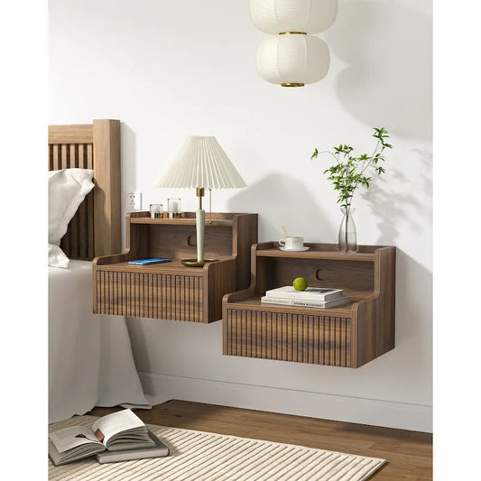 Anmytek Set of 2 Modern Floating Bedroom Nightstand with Storage Drawer and Open Shelf