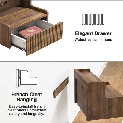 Anmytek Set of 2 Modern Floating Bedroom Nightstand with Storage Drawer and Open Shelf