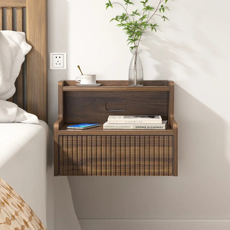 Anmytek Set of 2 Modern Floating Bedroom Nightstand with Storage Drawer and Open Shelf