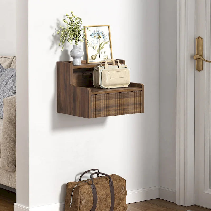 Anmytek Set of 2 Modern Floating Bedroom Nightstand with Storage Drawer and Open Shelf