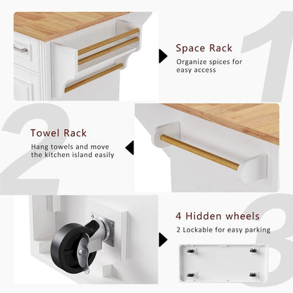 53 Kitchen Island With Drop Leaf, Kitchen Island On Wheels with Storage, Rolling Kitchen Table, Mobile Kitchen Cart