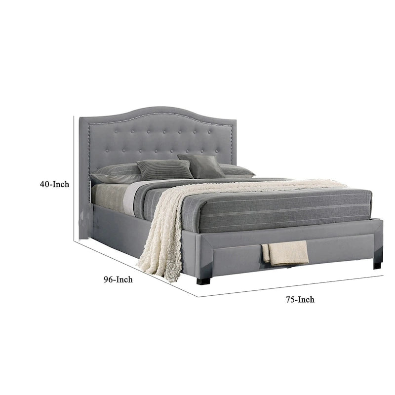 Sey California King Bed w Storage Drawer, Light Gray Burlap Upholstery