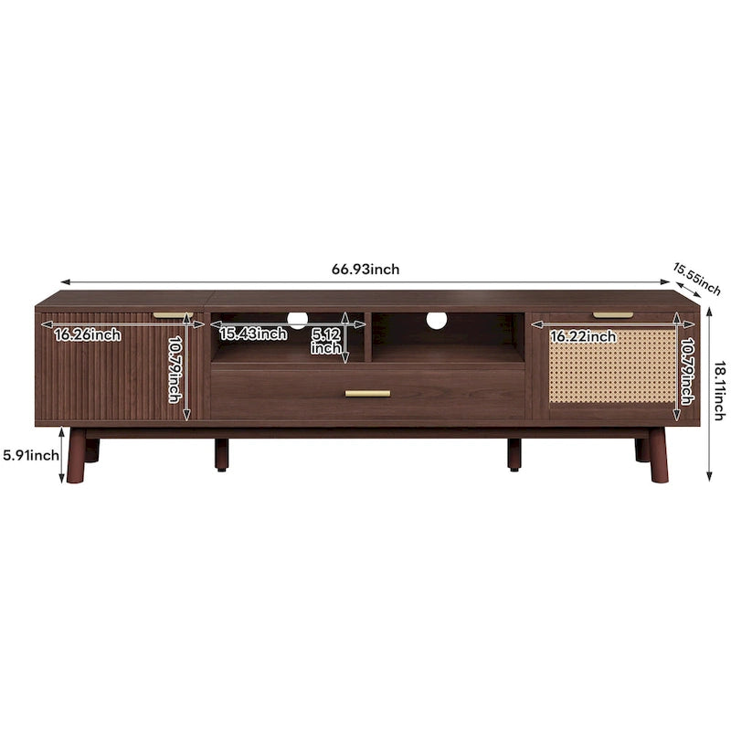 Dark Brown Solid Wood TV Stand for 75 TVsTV Console with Soft-Closing Door and Drop-Down Door Cabinet