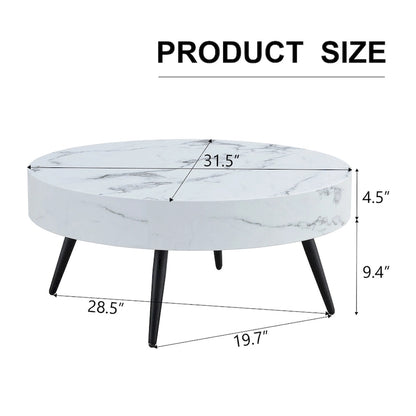 Modern Marble Pattern Round Coffee Table with Black Metal Legs and Adjustable Table Feet, for Living Room