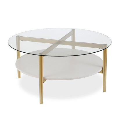 36-Inch Round Glass Coffee Table with Gold Steel Base and Shelf for Storage Modern Living Room Accent Piece - 36L x 36W x 17H
