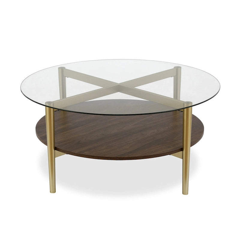 36-Inch Round Glass Coffee Table with Gold Steel Base and Shelf for Storage Modern Living Room Accent Piece - 36L x 36W x 17H