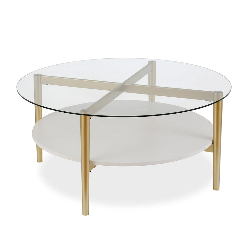 36-Inch Round Glass Coffee Table with Gold Steel Base and Shelf for Storage Modern Living Room Accent Piece - 36L x 36W x 17H