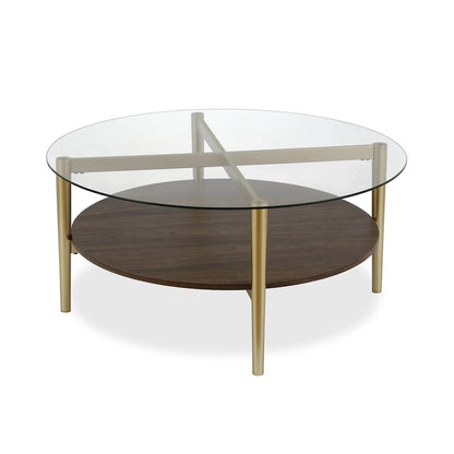 36-Inch Round Glass Coffee Table with Gold Steel Base and Shelf for Storage Modern Living Room Accent Piece - 36L x 36W x 17H