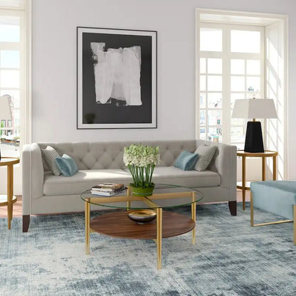 36-Inch Round Glass Coffee Table with Gold Steel Base and Shelf for Storage Modern Living Room Accent Piece - 36L x 36W x 17H