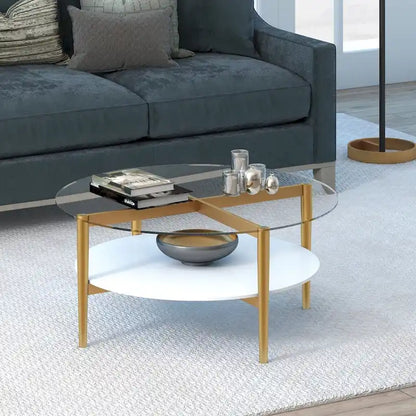 36-Inch Round Glass Coffee Table with Gold Steel Base and Shelf for Storage Modern Living Room Accent Piece - 36L x 36W x 17H