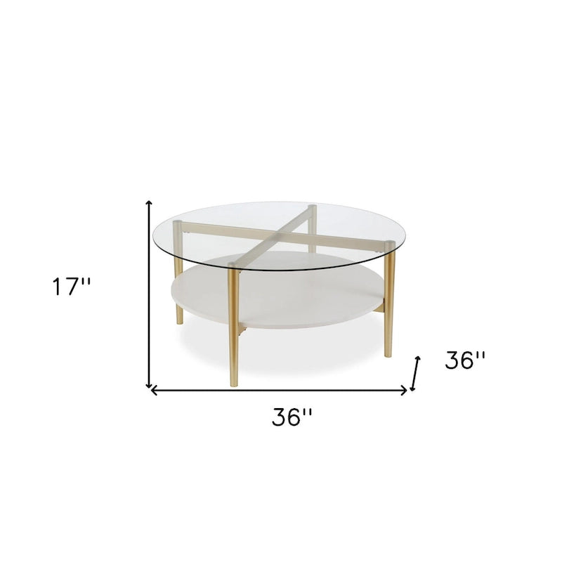 36-Inch Round Glass Coffee Table with Gold Steel Base and Shelf for Storage Modern Living Room Accent Piece - 36L x 36W x 17H