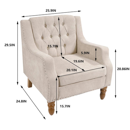 Linen Upholstered Accent Chair with Solid Wood Legs,Mid-Century Modern Single Lounge Sofa Chair for Living Room and Bedroom