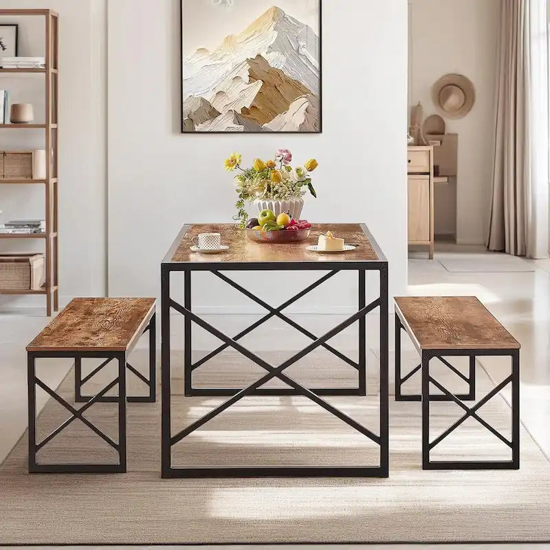 44.3 Dining Table with Benches Kitchen Table set for 4 Rectangular Dining Room Table Set with 2 Metal Wood Benches