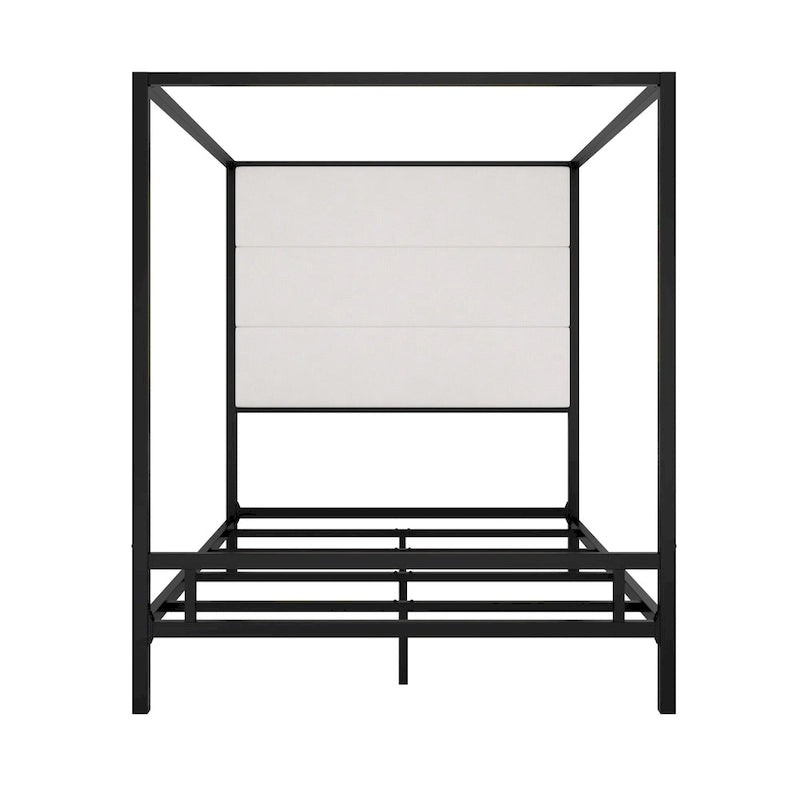 Modern Platform Canopy Bed with Wingback Upholstered Headboard and Metal 4-poster Bed Frame, Box Spring Needed Low Profile Bed