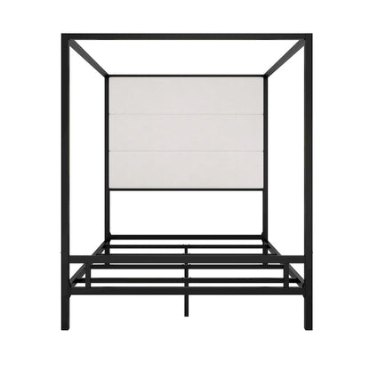 Modern Platform Canopy Bed with Wingback Upholstered Headboard and Metal 4-poster Bed Frame, Box Spring Needed Low Profile Bed