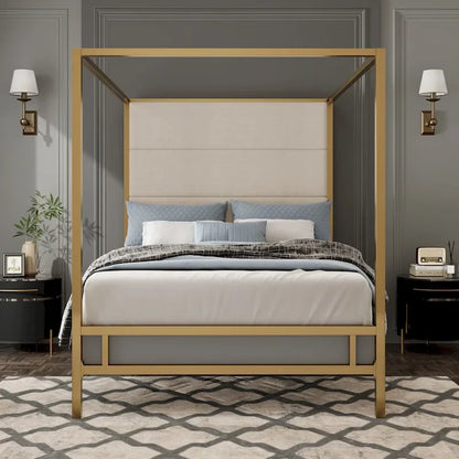 Modern Platform Canopy Bed with Wingback Upholstered Headboard and Metal 4-poster Bed Frame, Box Spring Needed Low Profile Bed