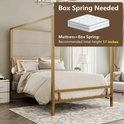 Modern Platform Canopy Bed with Wingback Upholstered Headboard and Metal 4-poster Bed Frame, Box Spring Needed Low Profile Bed