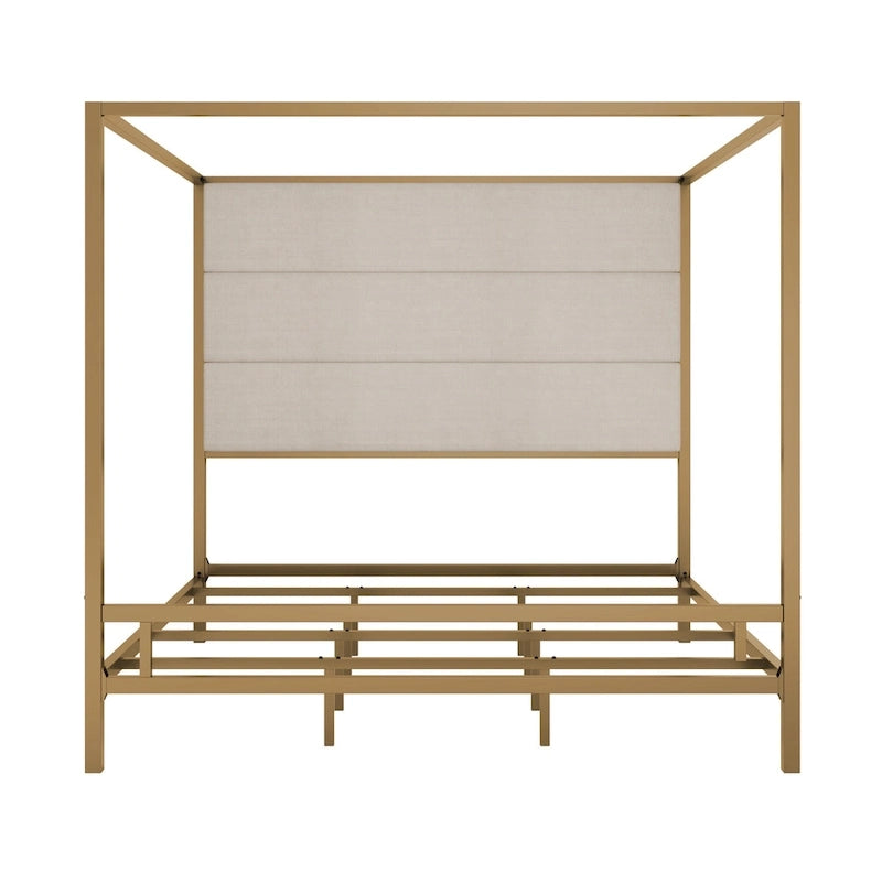 Modern Platform Canopy Bed with Wingback Upholstered Headboard and Metal 4-poster Bed Frame, Box Spring Needed Low Profile Bed