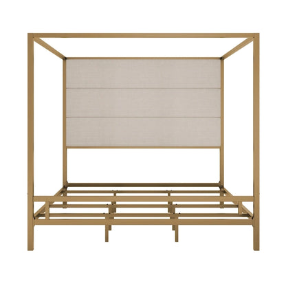 Modern Platform Canopy Bed with Wingback Upholstered Headboard and Metal 4-poster Bed Frame, Box Spring Needed Low Profile Bed