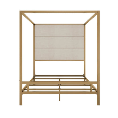 Modern Platform Canopy Bed with Wingback Upholstered Headboard and Metal 4-poster Bed Frame, Box Spring Needed Low Profile Bed
