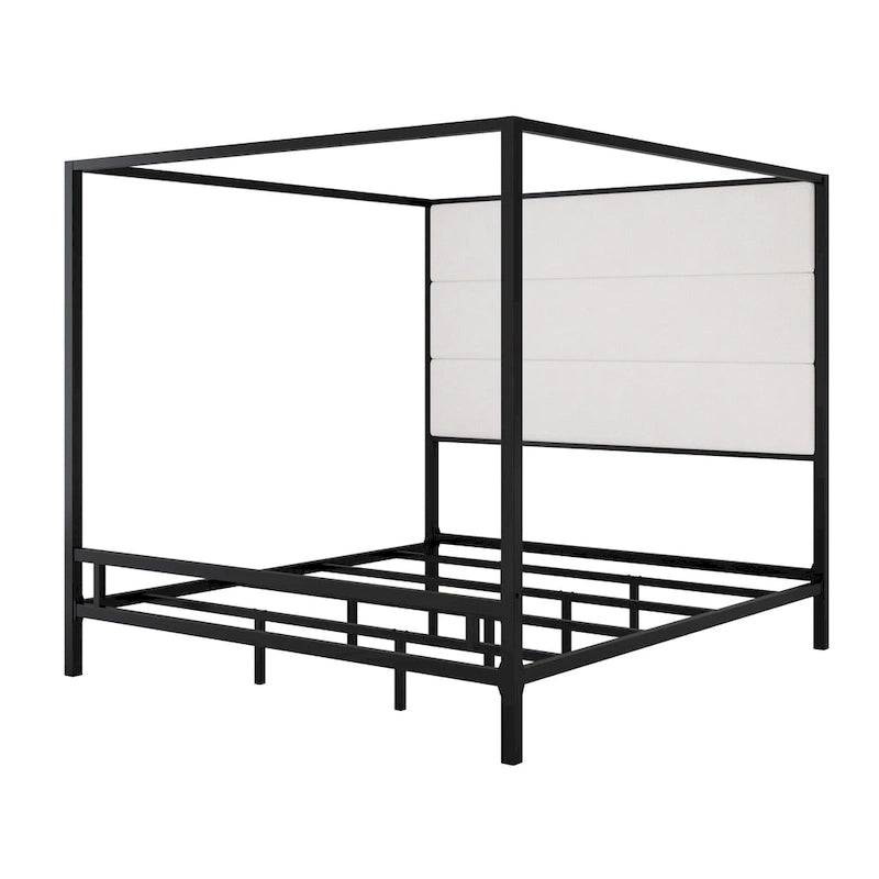 Modern Platform Canopy Bed with Wingback Upholstered Headboard and Metal 4-poster Bed Frame, Box Spring Needed Low Profile Bed