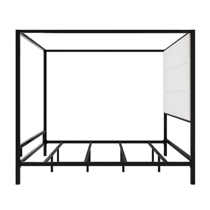 Modern Platform Canopy Bed with Wingback Upholstered Headboard and Metal 4-poster Bed Frame, Box Spring Needed Low Profile Bed