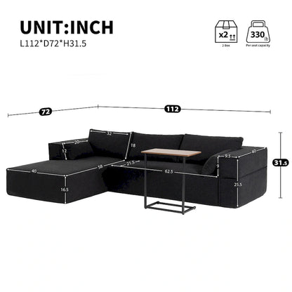 L-Shaped Modular Sectional Sofa with Side Table, Chaise, Wide Seat