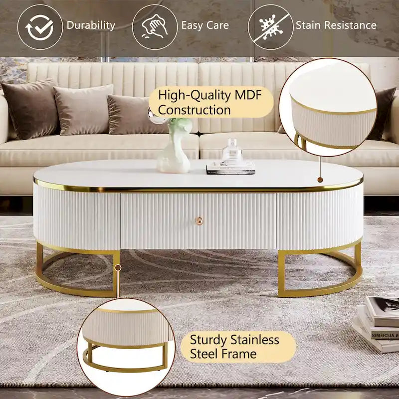 47.2 Modern Coffee Table with Gold Metal Decor and Integrated Drawers