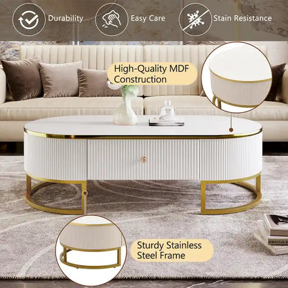 47.2 Modern Coffee Table with Gold Metal Decor and Integrated Drawers