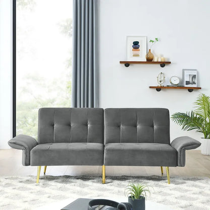 Italian Velvet Convertible Sleeper Sofa Bed with with Folded Armrests and Storage Bags