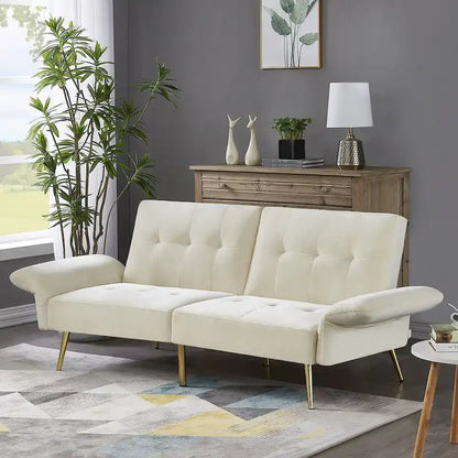 Italian Velvet Convertible Sleeper Sofa Bed with with Folded Armrests and Storage Bags